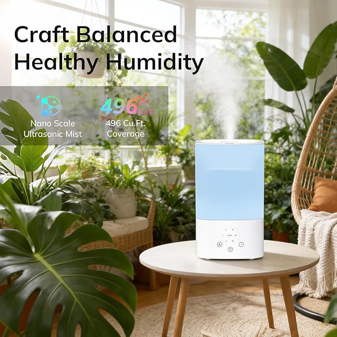 ZAFRO 3.2L Comfort Humidifier for Bedroom, Touch Panel with Timer, 7 Color LED Night Light, Top Fill Design & Three Mist Levels, Ultrasonic Cool Mist Humidifier with Auto Shut-off, White