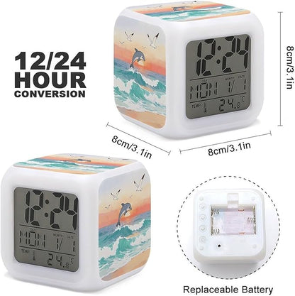 Ocean Waves Sunrise Digital Alarm Clock Color Change LED Digitals Clock with Battery Operated Modern Smart Alarm Clocks Wake Up Digital Clocks with 7 Color Nightlight for Bedroom