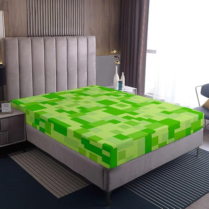 Pixelated Game Kids Queen Size Fitted Sheet,Geometric Check Video Games Room Decor,Gamepad Grid Abstract Gaming Boys Girls Bed Sheets,Green White Bedding Set,2 Pillowcases(No Flat)