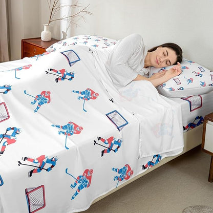 Manfei Hockey Players Bed Sheets Twin Size, Easy Wash Bedding Set,Winter Sports Games Kids Room Decor,White Blue Sheet(Fitted+Flat+1 Pillowcase)