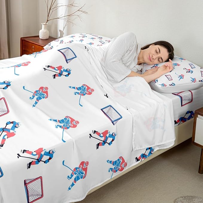 Manfei Hockey Players Kids Sheet Full Size, Bedding Set, Winter Sports Games Kids Room Decor,White Blue Sheet(Fitted+Flat+2 Pillowcases)