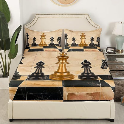 International Chess Fitted Sheet King Size 4 Pcs,Vintage Chess Sports Game Theme Teens Sheets,Retro Brown Black Checker Grids Marble Print Bedding Sets (1 Fitted,1 Flat,2 Pillowcases)
