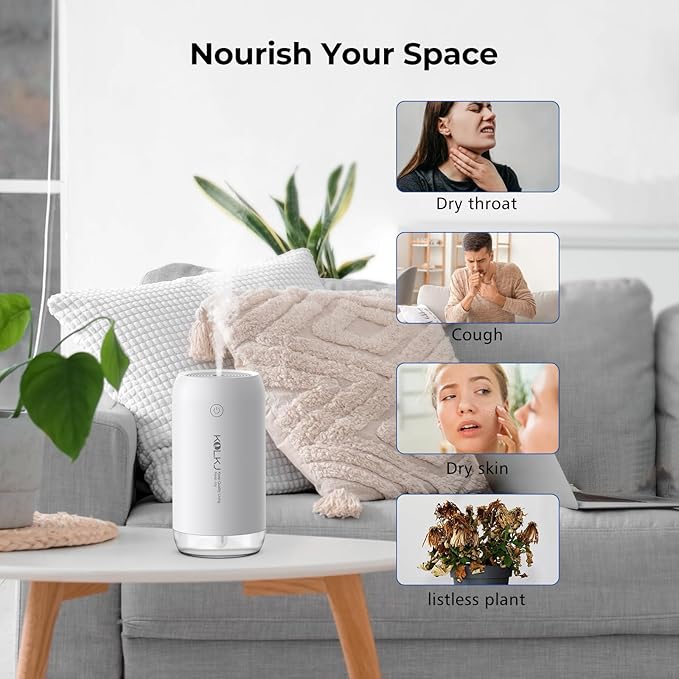 Portable Mini Humidifier, KQLKJ 350ml Small Cool Mist Humidifiers, USB Personal Desktop Humidifier for Bedroom Car Office Travel with Auto Shut-Off & 2 Mist Modes (White)