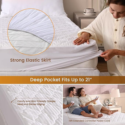 Bearhug Electric Heated Mattress Pads King Size Dual Controllers 78”×80” Waterproof Bed Warmer 21” Deep Pocket 10 Heat Settings 12-Hour Timer Machine Washable White