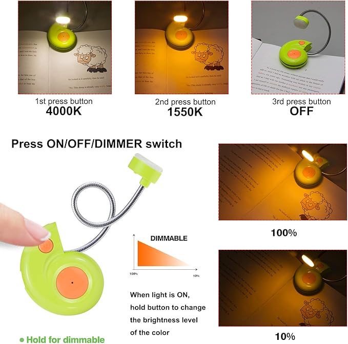 Kids Rechargeable Book Light, Clip on Reading Light for Kid, Kids Reading Lights, Amber Book Light for Reading in Bed, 2 Lighting Modes, Blue Light Blocking, Bookmark Light for Bookworms-Green