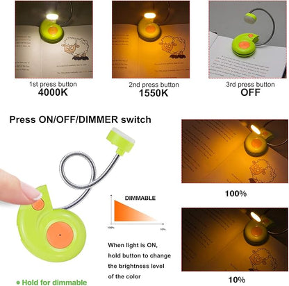 Kids Rechargeable Book Light, Clip on Reading Light for Kid, Kids Reading Lights, Amber Book Light for Reading in Bed, 2 Lighting Modes, Blue Light Blocking, Bookmark Light for Bookworms-Green