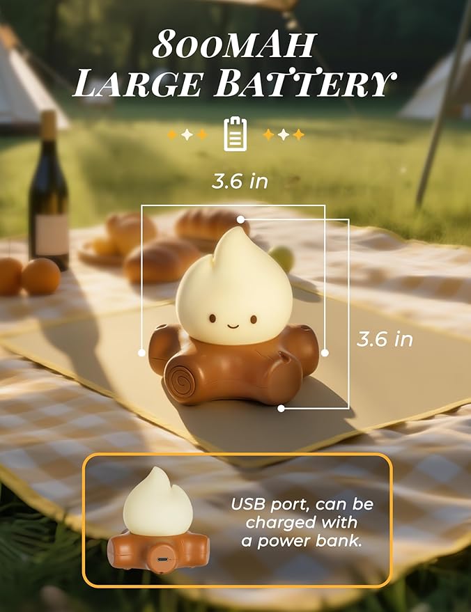 Chibi Campfire Lamp with Soothing Sounds, Cute Sleep Aid Night Light, Portable Rechargeable White Noise Cozy Campfire Light for Home Decor Camping Trips, Best Gift