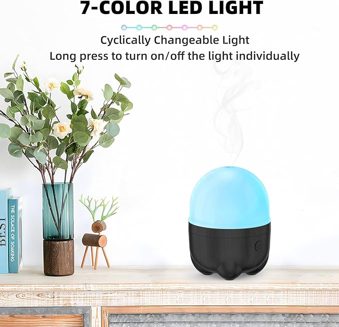 150ML Cordless Battery Operated Essential Oil Diffuser, Portable Rechargeable Diffuser with 7 LED Color ChangingLights （Dark Wood）