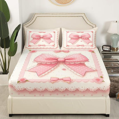 Pink Bowknot Fitted Sheet Twin Size,Vintage Lace Polka Dots European Princess Bed Sheet with 1 Pillowcase,Fairy Tale Cute Bow-tie Roses Beige Soft Decorative Fabric Bedding,Room Gift