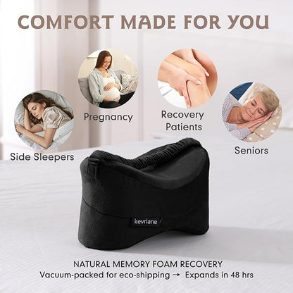 Black Knee Pillow for Side Sleepers - Memory Foam Between Leg Pillows for Sciatica Pain Relief, Hip/Leg/Ankle Support with Non-slip Strap, Spine Alignment for Pregnancy, Post-Surgery Recovery