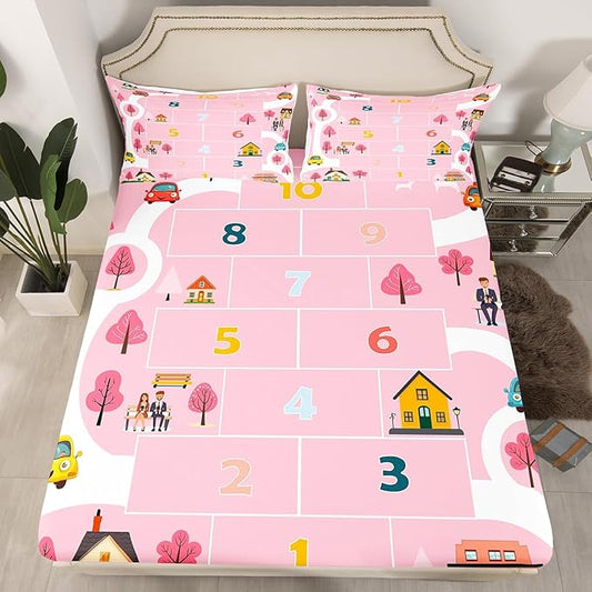 Kids Digital Graffiti Fitted Sheet Queen,Pink Girly Style Cartoon House Trees Bed Sheet 3 Pieces Fits Mattress(No Flat Sheet),Ctiy Road Cartoon Car Fabric Bedding All-Round Elastic Pocket