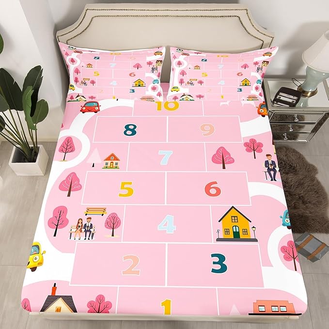 Kids Digital Graffiti Fitted Sheet Twin,Pink Girly Style Cartoon House Trees Bed Sheet 2 Pieces Fits Mattress(No Flat Sheet),Ctiy Road Cartoon Car Fabric Bedding All-Round Elastic Pocket