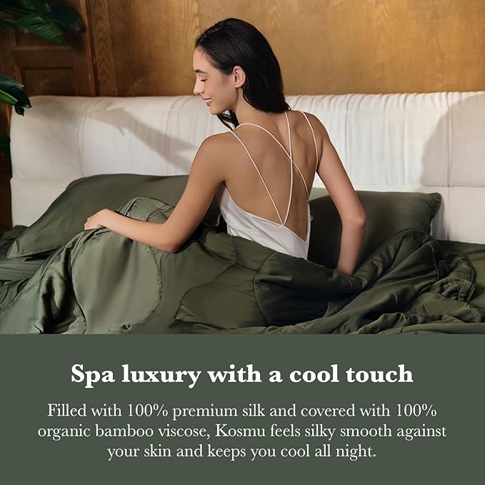 Silk Comforter Queen Size | 100% Mulberry Silk Fill with Organic Bamboo Viscose Shell | Summer Cooling Blanket for Hot Sleepers, Lightweight Breathable All-Season Bedding (Olive, 90"x90")