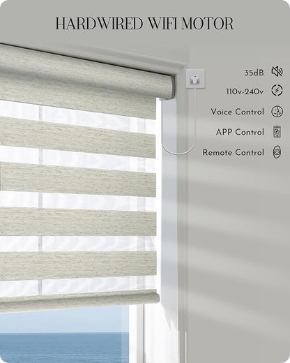 Graywind Motorized Blinds with Remote, Smart Zebra Shades for Windows, Hardwired Roller Blinds Compatible with Apple Homekit, Alexa, Google Home, Custom Size, Linen Weave Beige