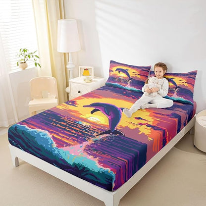 Pixelated Dolphin Kids Full Size Fitted Sheet,Video Games Pixel Blocks Room Decor,Cartoon Animal Sunset Ocean Boys Girls Bed Sheets,Purple Orange Bedding Set,2 Pillowcases(No Flat)
