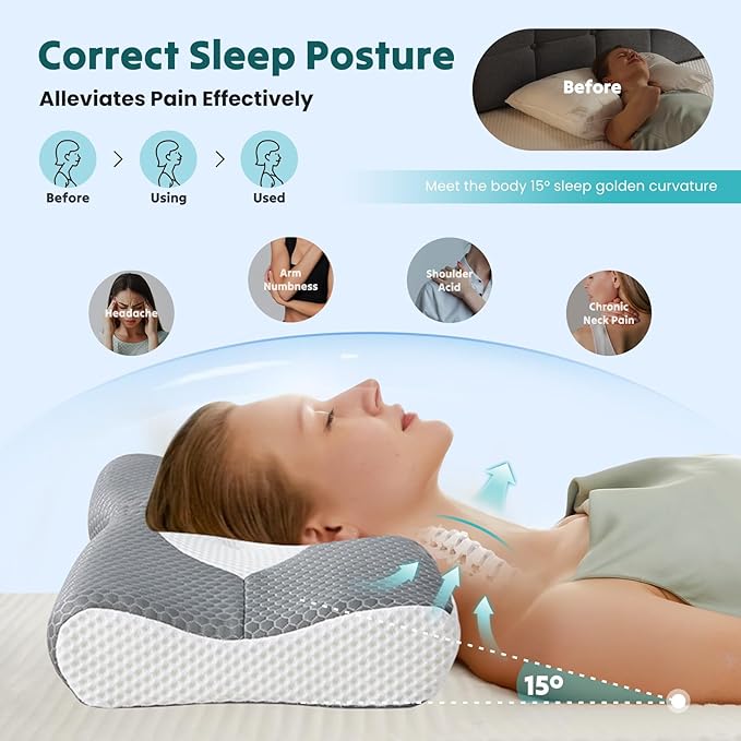 Sweetcrispy Cervical Pillow for Neck and Shoulder,Contour Memory Foam Pillow,Ergonomic Neck Support Pillow for Side Back Stomach Sleepers with Pillowcase, Grey