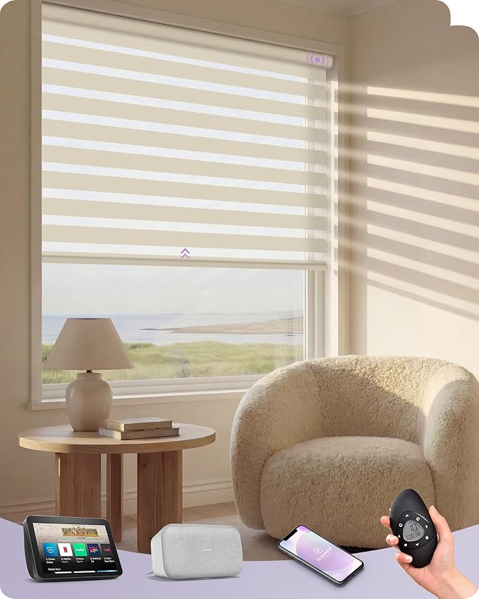 Graywind Motorized Blinds with Remote, Smart Zebra Shades for Windows, Roller Blinds Compatible with Apple Homekit, Alexa, Google Home, Custom Size, Wool-Like Beige