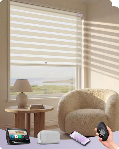 Graywind Motorized Blinds with Remote, Smart Zebra Shades for Windows, Roller Blinds Compatible with Apple Homekit, Alexa, Google Home, Custom Size, Wool-Like Beige