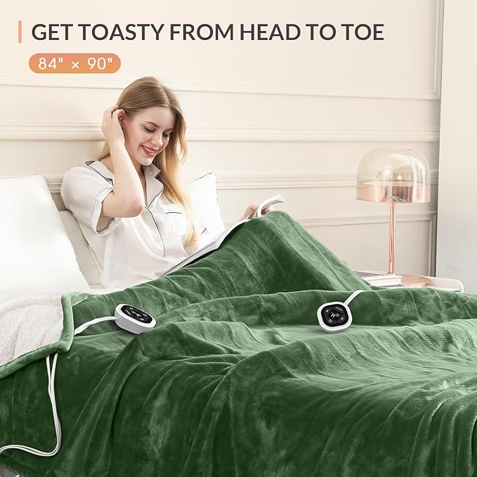 HOMLYNS LuxeHeat Heated Blanket Electric Blanket Queen Size, Soft Flannel Sherpa Heating Blanket with 10 Heat Settings, 1-10 hrs Timer Auto Shut Off (84x90 inches, Green)