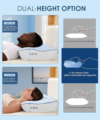Cervical Pillow for Neck and Shoulder, Ergonomic Side Sleeper Pillow for Pain Relief, Cooling Memory Foam Pillows for Sleeping, Contour Pillow Orthopedic Bed Pillow for Back Stomach Sleepers (Blue)