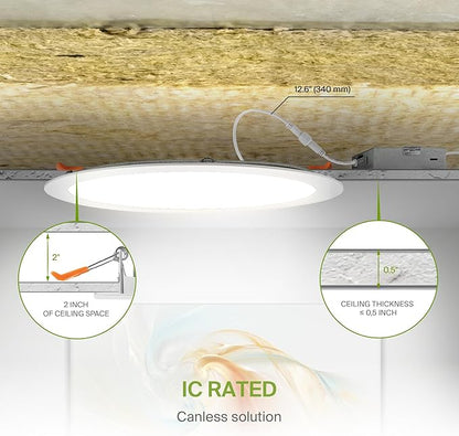 ASD 4 Pack 11/12 Inch LED Recessed Lighting 24W, 5 CCT 2700K-5000K CRI90+, IC Rated Ultra Thin Dimmable Ceiling Lights with J Box, Canless Wafer Downlight, Round Slim Panel Light, UL Listed, White