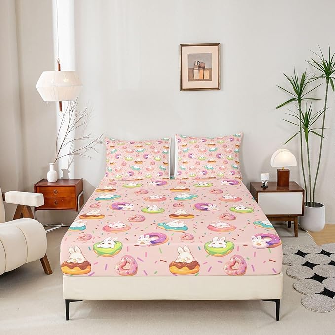 Kawaii Rabbit Bed Sheet Queen Size Doughnut Dessert Happy Easter Bedding Set Cute Cartoon Animal Fitted Sheet Kids Boys Girls Room Decor Pink Colorful Soft Sheets with 2 Pillowcase,No Top Flat