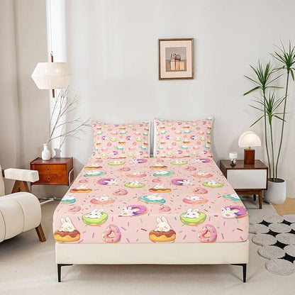 Kawaii Rabbit Bed Sheet Queen Size Doughnut Dessert Happy Easter Bedding Set Cute Cartoon Animal Fitted Sheet Kids Boys Girls Room Decor Pink Colorful Soft Sheets with 2 Pillowcase,No Top Flat