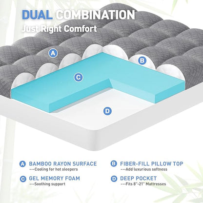 Dual Layer 3 Inch Memory Foam Mattress Topper King Size, 2 Inch Cooling Gel Memory Foam Plus 1 Inch Pillow Top Mattress Pad Cover, with 8-21 Inch Deep Pocket, Grey