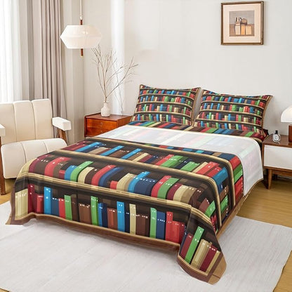 Pixel Vedio Game Bed Sheets Queen Size,Pixelated Bookshelf Bookcase Bedding Set, Books Modern Building Games Boys Girls Room Decor,Colorful Sheet(Fitted+Flat+2 Pillowcases)