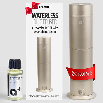 AROMAR Smart Waterless Oil Diffuser - Cold-Air Essential Scent Machine, App-Controlled, Covers 1000 Sq.Ft - Includes 'New York' Scent - Perfect for Home, Office, & Business use - Gold