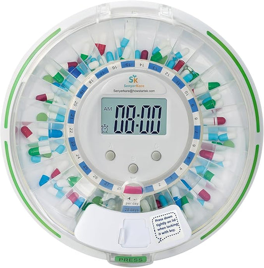 Automatic Pill Dispenser with Safety Lock, Flashing Light, Sound, Alarm, 28-Day Electronic Medication Dispenser for Vitamins and Tablets Up 6 Times/Day, Easy Read Display, Clear Lid