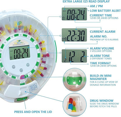 EziMedPil Bluetooth Pill Dispenser w/Audio & Visual Alerts, SmartLife Setup, up to 9 Alarms/Daily, 9 Dosage Templates, LCD Display, Lock Medication Dispenser w/Key for Prescriptions & Vitamins, Clear