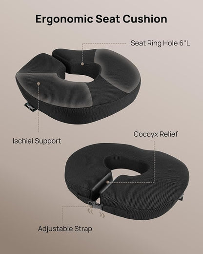 Feagar Donut Pillow Seat Cushion, X Large Memory Foam Hemorrhoid Pillow for Tailbone Pain, Sciatica & Pressure Sores Relief, Adjustable Design for Pregnancy, Postpartum, Surgery Recovery, Office Chair