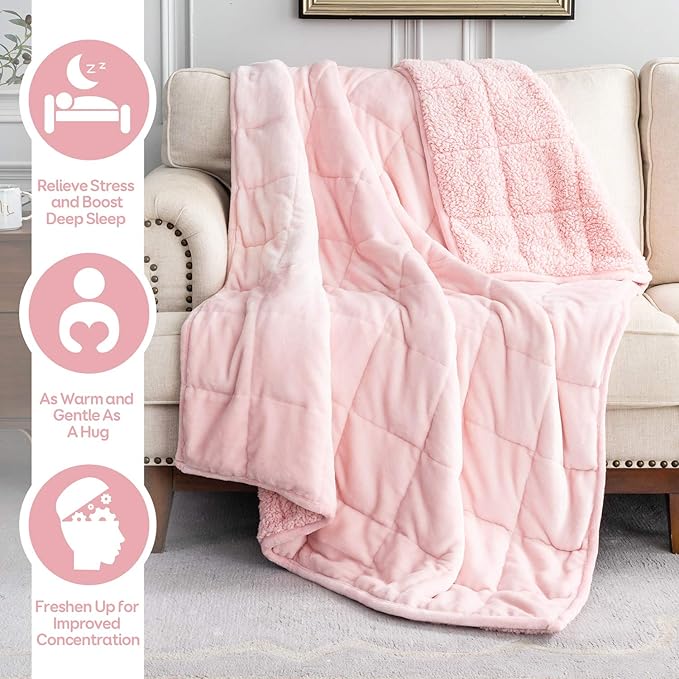 Cottonblue Sherpa Fleece Weighted Blanket 20lbs for Adults, Fluffy Cozy Plush Blanket 20 pounds, Queen Size Weighted Blankets 60”x80”, Warm and Cozy Hug Blanket for Queen/King Size Bed, Blush Pink