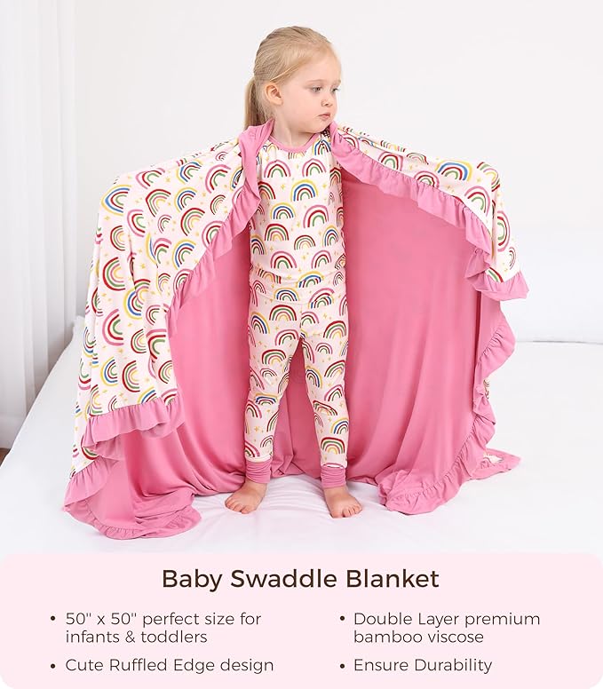 Premium Baby Blankets, Soft Viscose from Bamboo Blanket for Girls, Nursery Crib Bedding Quilt for Newborn and Toddler, Ruffle Blanket Cooling for Hot Sleepers, 50''x50'' Rainbow