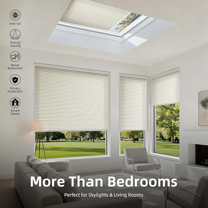 ZSTARR Motorized Skylight Shades Blackout Cellular Honeycomb Electric Blinds with Solar Panel Cordless Rechargeable with Remote for Roof and Slanted Windows Custom Size (LF Printed Cream White)