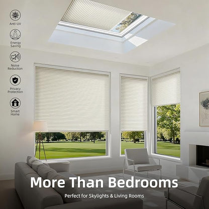 ZSTARR Motorized Skylight Shades Blackout Cellular Honeycomb Electric Blinds with Solar Panel Cordless Rechargeable with Remote for Roof and Slanted Windows Custom Size (LF Printed Cream White)