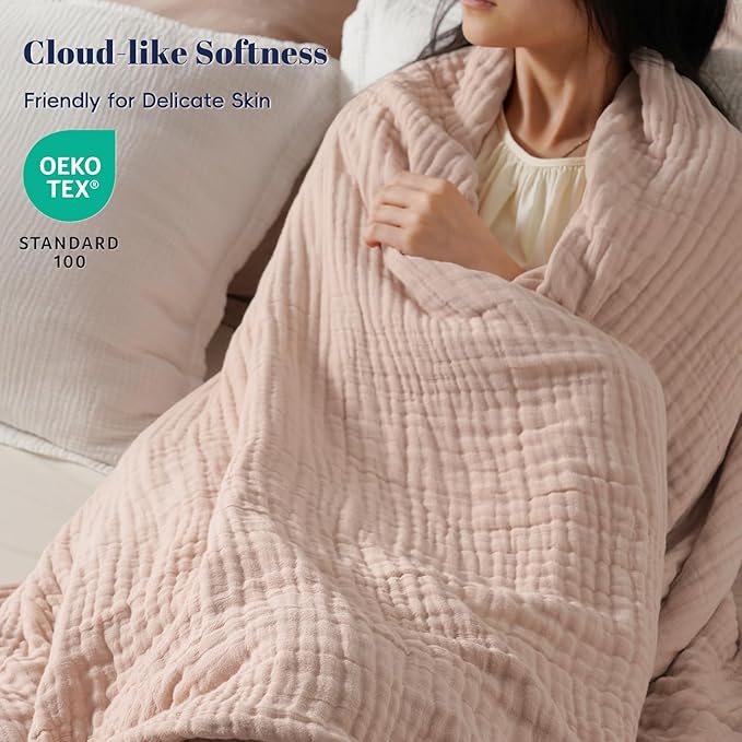 PHF Cooling Muslin Blanket Queen Size 90"x80", 6-Layer Lightweight Gauze Blanket Made from 35% Rayon Derived from Bamboo & 65% Cotton, Breathable & Ultra Soft Cozy for Hot Sleepers, Cameo Rose
