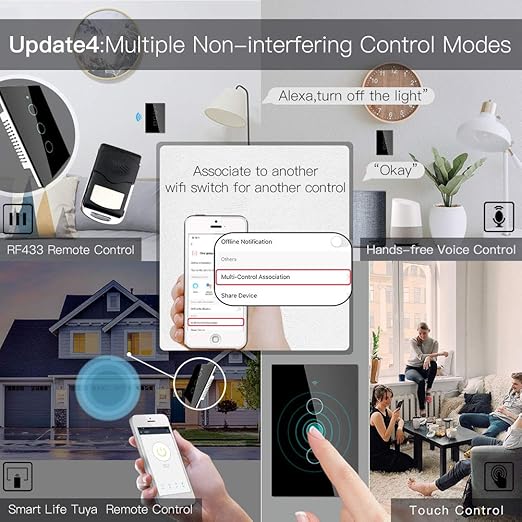 MoesGo 2nd Generation WiFi RF433 Smart Touch Wall Single Fire Smart Switch,No Neutral Wire Needed Compatible with Smart Life/Tuya App, Works with Alexa and Google Home Single Pole 110V Black 3 Gang