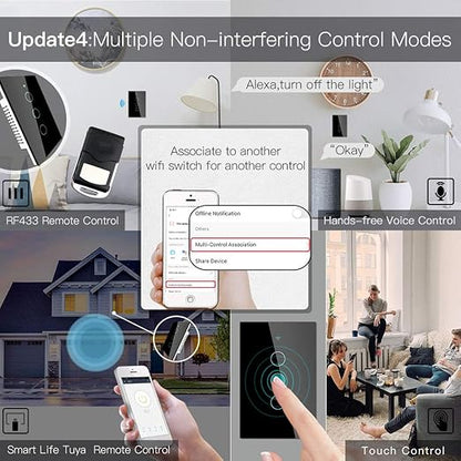 MoesGo 2nd Generation WiFi RF433 Smart Touch Wall Single Fire Smart Switch,No Neutral Wire Needed Compatible with Smart Life/Tuya App, Works with Alexa and Google Home Single Pole 110V Black 3 Gang