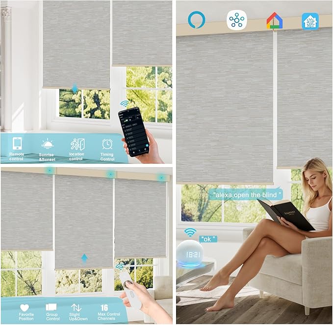 Motorized Blinds with Remote, Smart Blind Roller Shades Compatible with Alexa, Durable Rechargeable Battery Solar Power Electric Window Blinds Customized Size (Jacquard Beige)