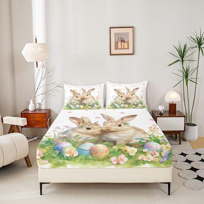 Cute Rabbit Bed Sheet Queen Size Happy Easter Cartoon Animal Bedding Set Spring Flowers Easter Egg Fitted Sheet Kids Boys Girls Room Decor Green Yellow Soft Sheets with 2 Pillowcase,No Top Flat