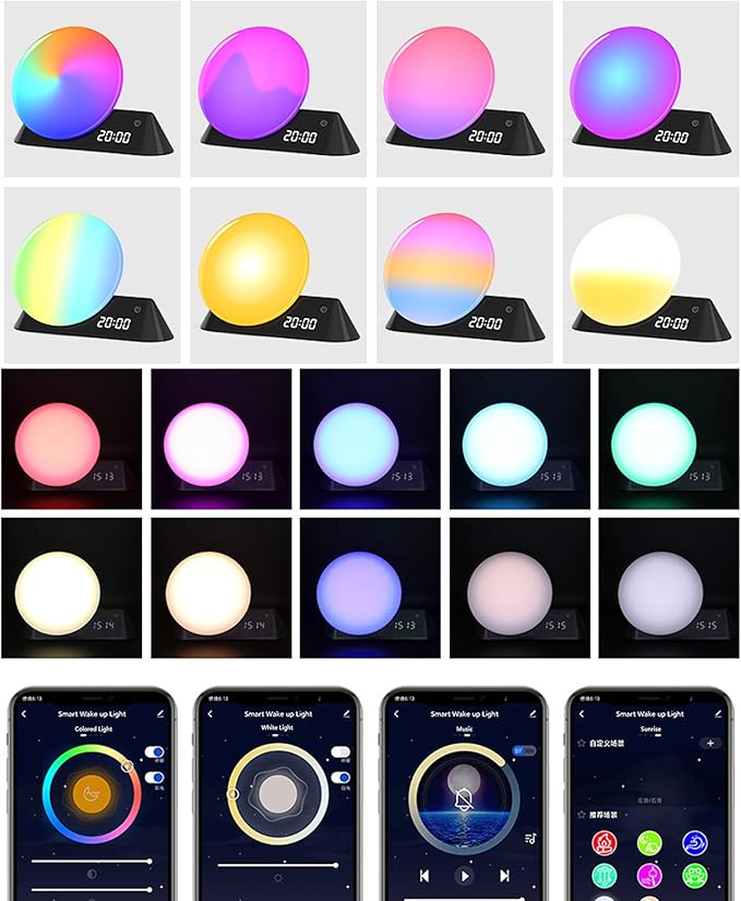 Smart Sunrise Alarm Clock, Wake Up Light with APP & Remote Control, 12 Soothing Sounds Machine, 9 Dynamic RGB Light Scenes, Sleep Aid & Dual Alarms for Heavy Sleepers, Ideal for Gift