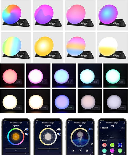 Smart Sunrise Alarm Clock, Wake Up Light with APP & Remote Control, 12 Soothing Sounds Machine, 9 Dynamic RGB Light Scenes, Sleep Aid & Dual Alarms for Heavy Sleepers, Ideal for Gift