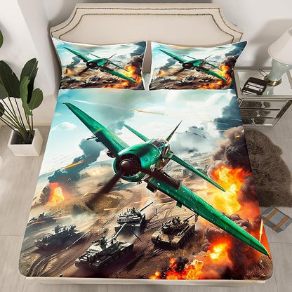 War Theme Kids Fitted Sheet Queen Size,Warplane Aviation Aircraft Tank Bedding Set,Boys Men Room Decor,Army Airplanes Tanks Bed Cover,Green Brown Bed Sheet,2 Pillowcases