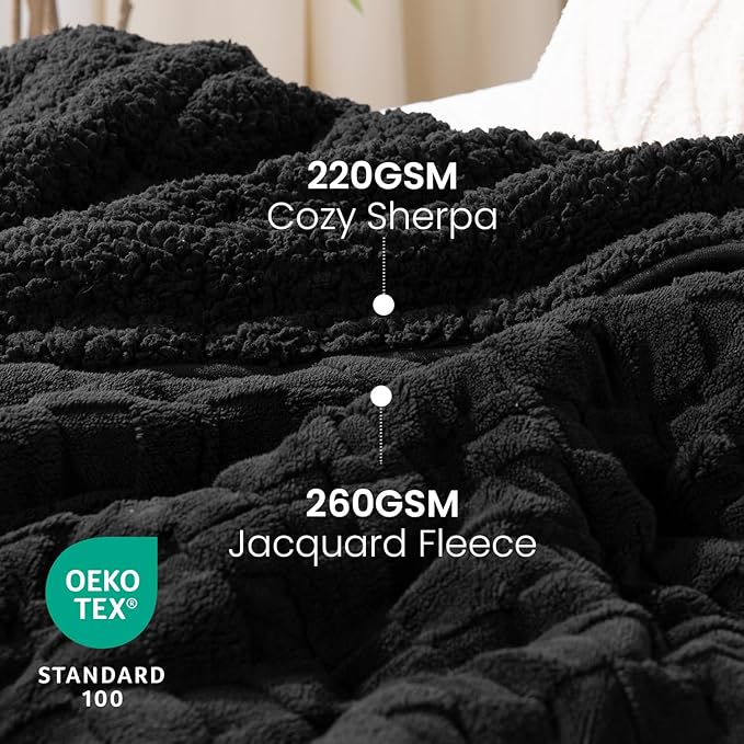 Drewin Weighted Blanket Queen Size 15lbs, Dual Sided Soft Cozy Jacquard Checkered Sherpa Weighted Blanket for Adults, Ultra-Soft Fluffy Heavy Blanket for Sofa Bed, 60 x 80 inches, Black