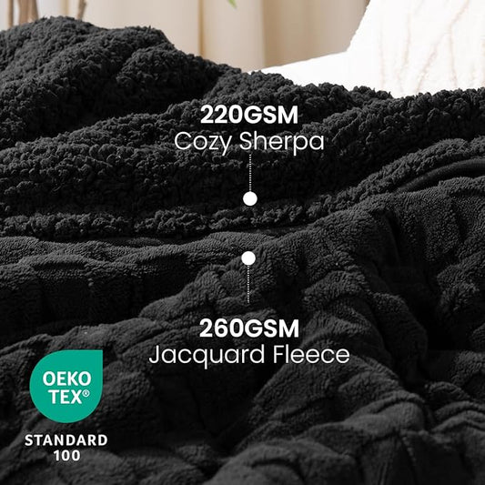 Drewin Weighted Blanket Queen Size 15lbs, Dual Sided Soft Cozy Jacquard Checkered Sherpa Weighted Blanket for Adults, Ultra-Soft Fluffy Heavy Blanket for Sofa Bed, 60 x 80 inches, Black