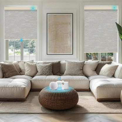 Motorized Blinds with Remote, Smart Blind Roller Shades Compatible with Alexa, Durable Rechargeable Battery Solar Power Electric Window Blinds Customized Size (Jacquard Beige)