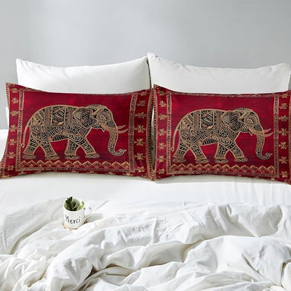 Manfei Indian Elephant Kids Sheet King Size,Native American Indian Exotic Bedding Set,Boys Girls Room Decor,Psychedelic Bohemia Retro Red Trippy Boho Bed Sheet Set 4pcs(Fitted + Flat + 2 Pillowcases)