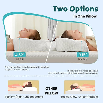 DUMOS Cervical Neck Pillow, Cooling Ergonomic Memory Foam Pillows for Neck Pain Relief with Breathable Pillowcase, Dual Height Orthopedic Support Contour Pillow for Side, Stomach Sleepers, White